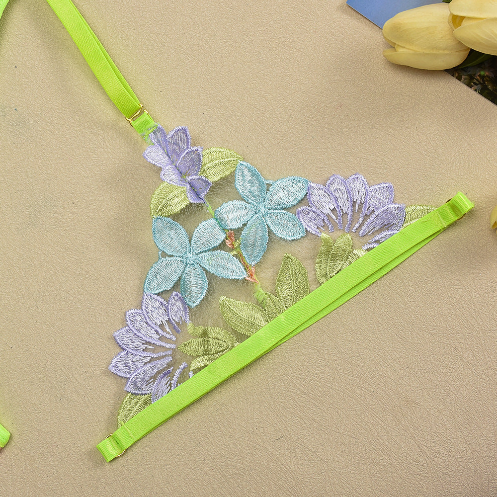 Floral embroidered lingerie with underwear hanging neckband and neckband iron chain design