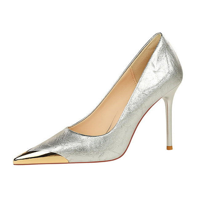Langry fashion silver metallic high heel pump with gold toe cap