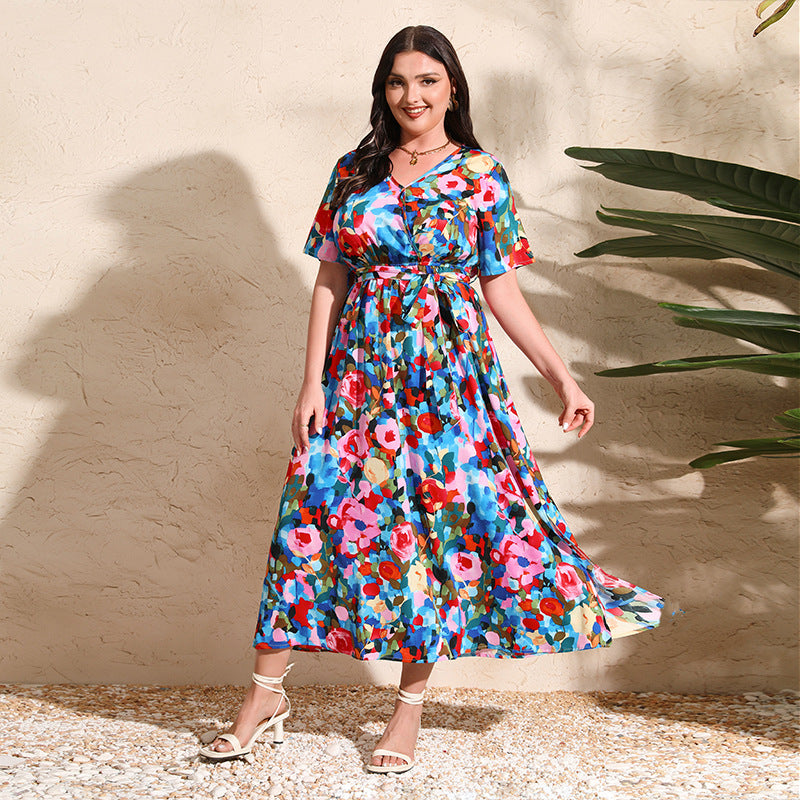 Elegant floral print midi dress from Colorful Rose Holiday Dress V Neck collection, perfect for stylish ملابس and fashion
