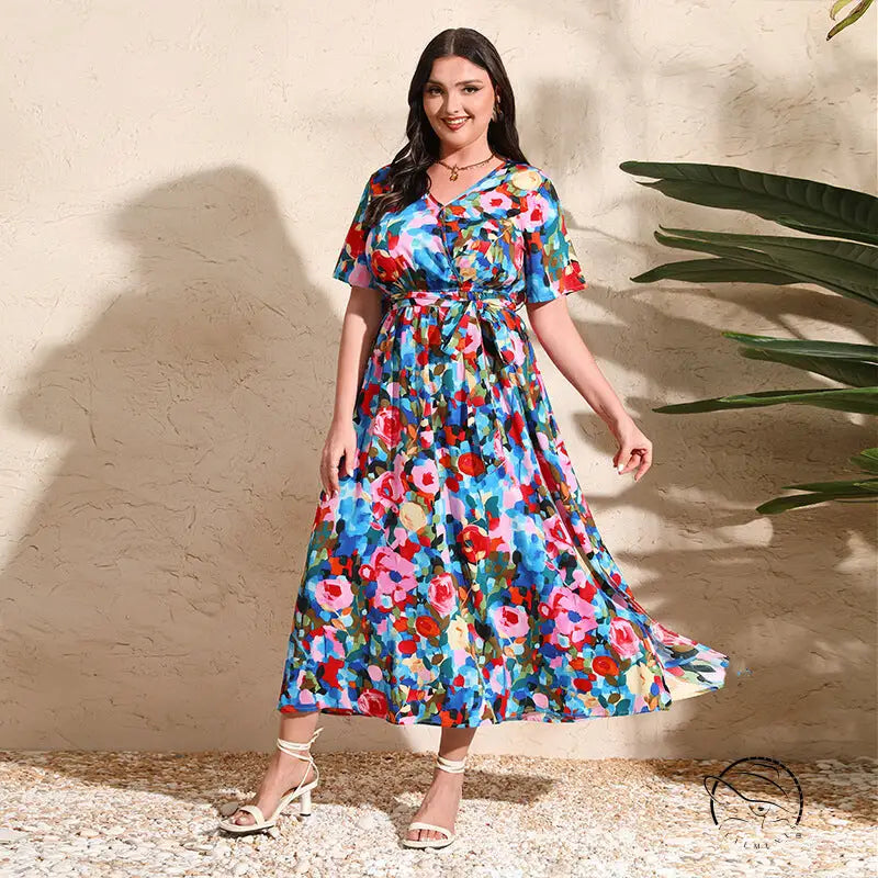 Colorful rose holiday dress with floral print midi chiffon design