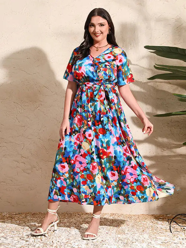Colorful rose holiday V-neck chiffon midi dress