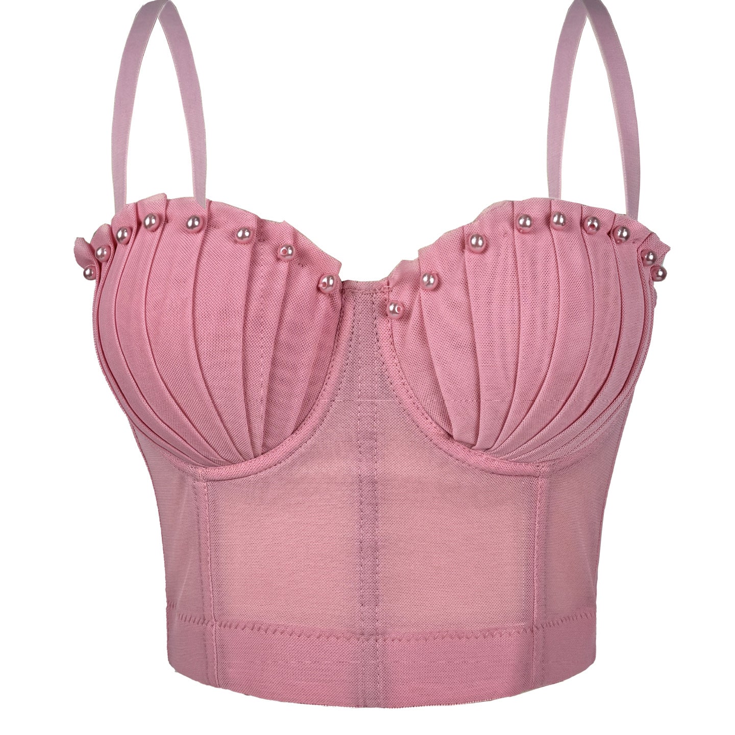 Pink Langry lace underwire bra with pearl embellishments in fashion corset