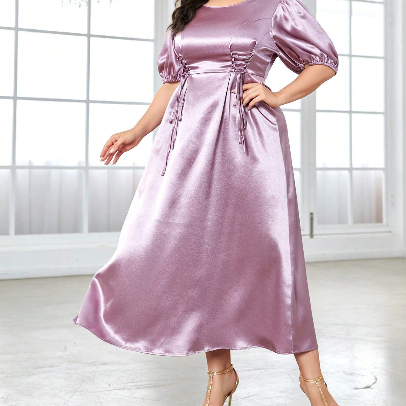 Elegant lilac satin midi dress from the Cute Short Sleeve Long Pattern Dress collection, perfect for أحدث صيحات الموضة