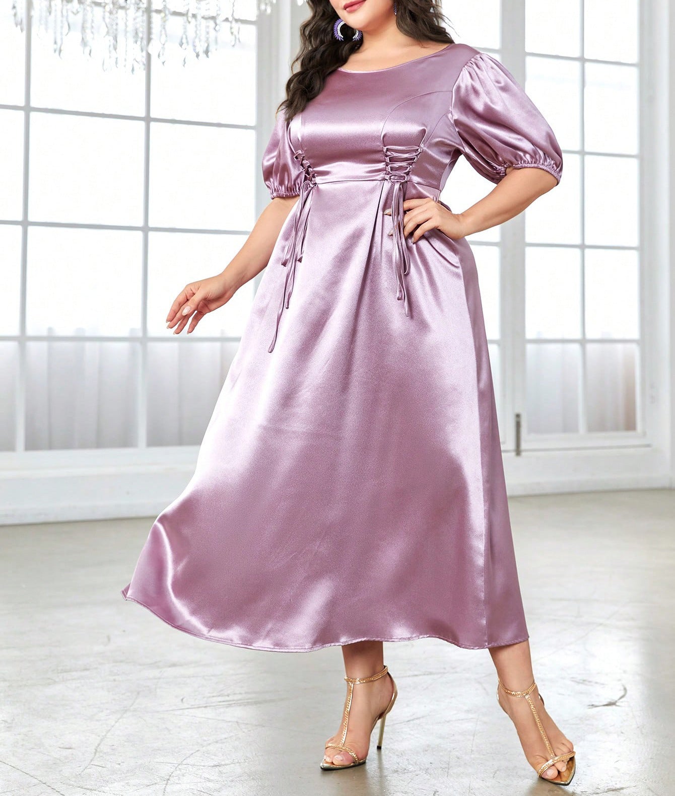 Elegant lilac satin midi dress from the Cute Short Sleeve Long Pattern Dress collection, perfect for أحدث صيحات الموضة