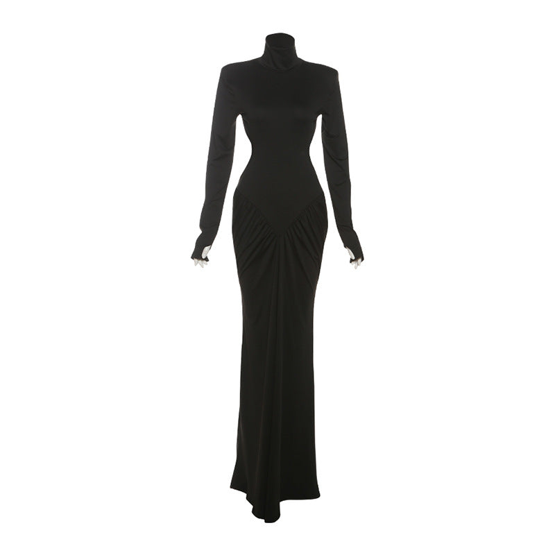 Black high collar long-sleeved slim backless maxi dress