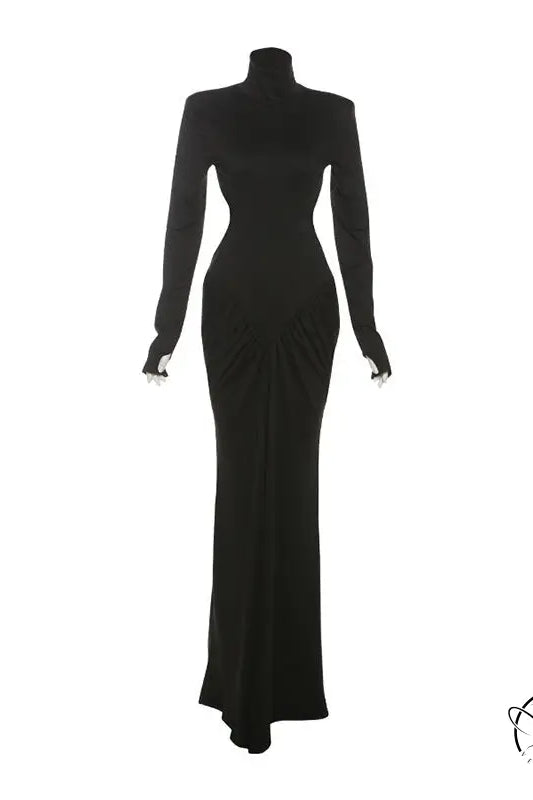 Beautiful high collar maxi dress with black long sleeves and fitted silhouette