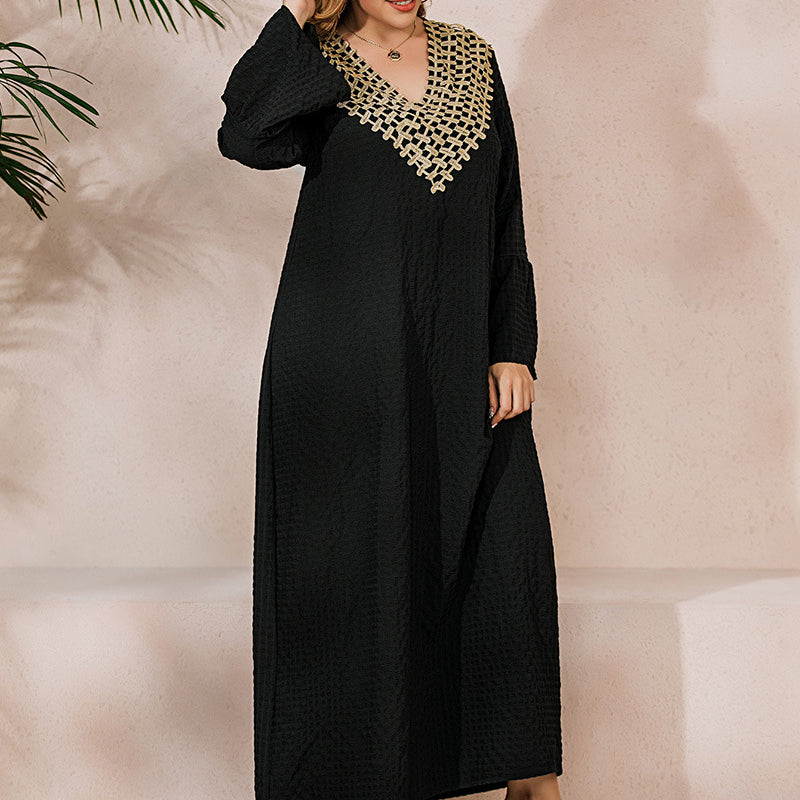 Elegant winter long sleeve robe dress with flared sleeves and gold embroidery at V-neck