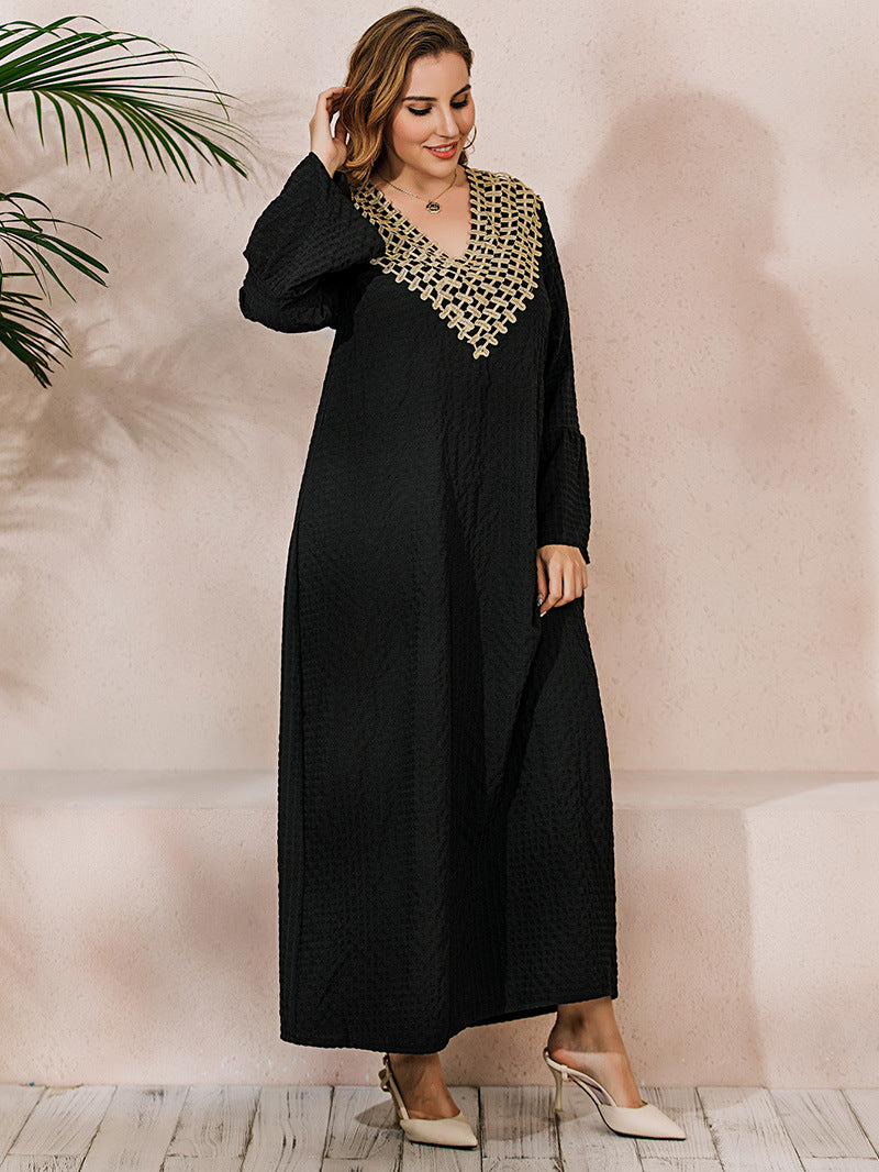 Elegant winter long sleeve robe dress with flared sleeves and gold embroidery at V-neck