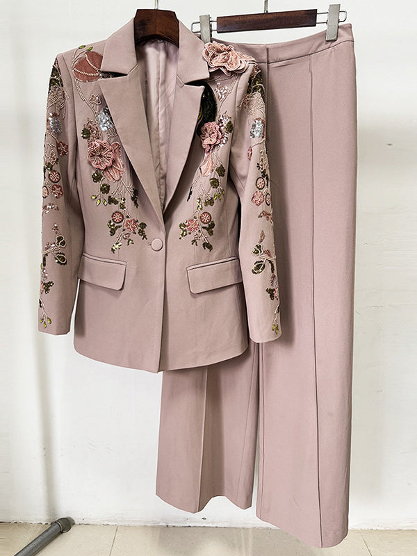 Elegant pink floral embroidered langry fashion suit with wide-leg pants
