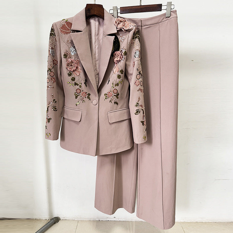Elegant pink floral embroidered langry fashion suit with wide-leg pants