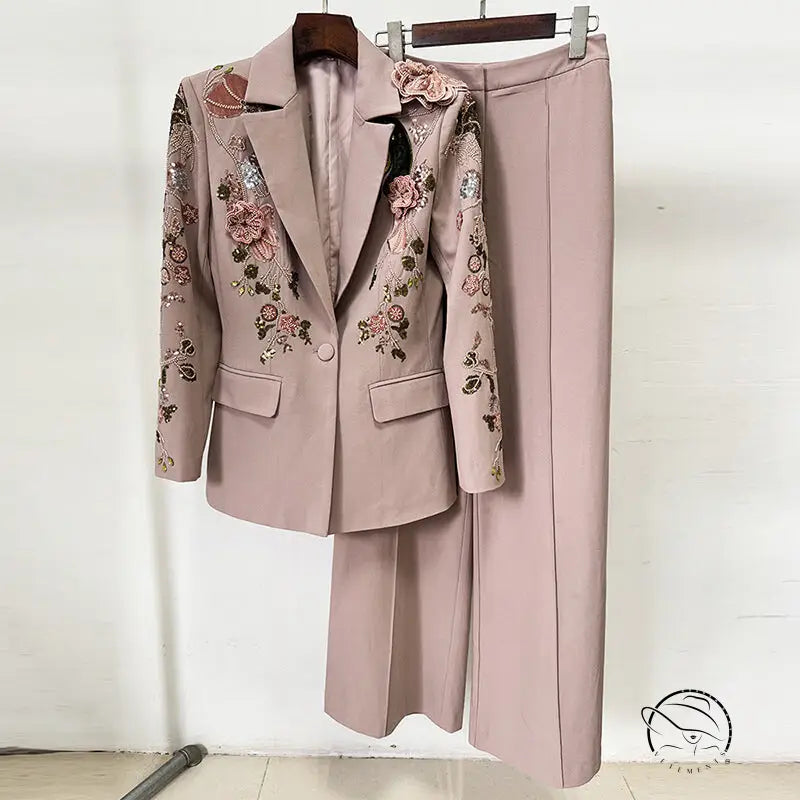 Pink floral embroidered langry fashion jacket with wide-leg pants set