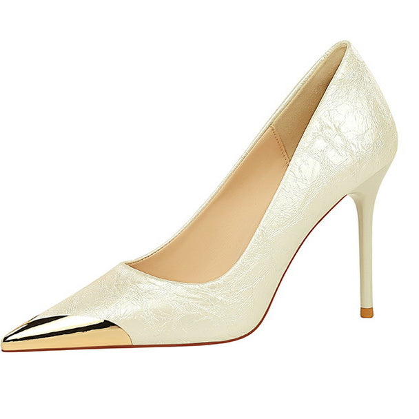Langry fashion cream patent leather high heel pump with metallic toe cap