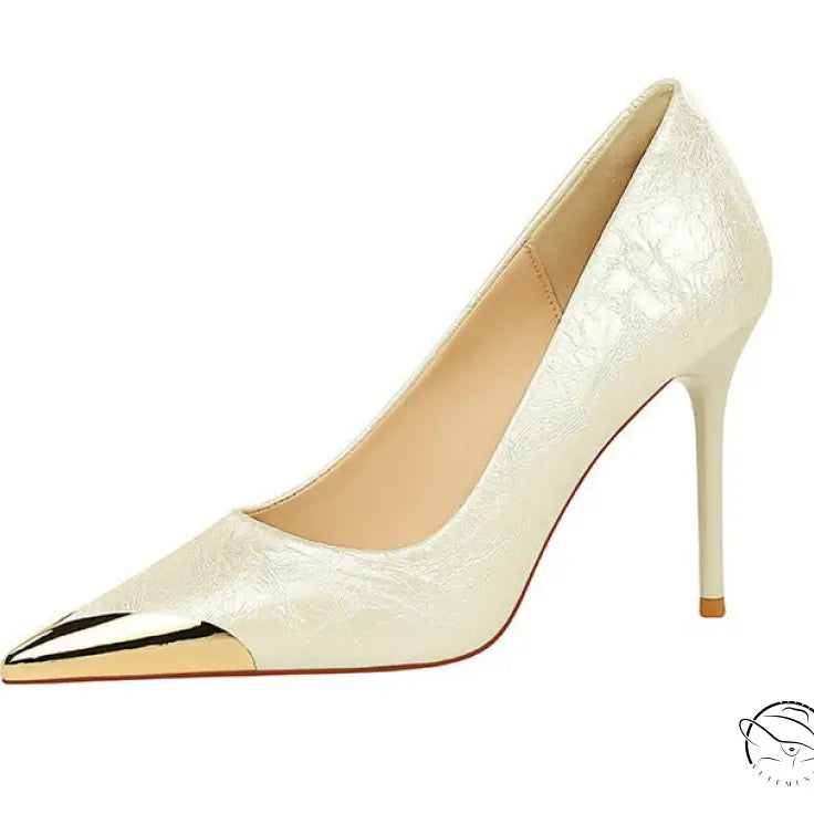 Langry metal pointed super high heel pump with cream patent leather, metallic toe cap, floral embroidery