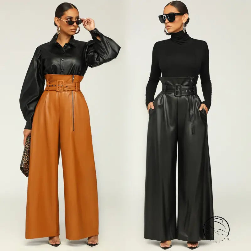 Two models in high-waisted wide-leg faux leather pants in different colors