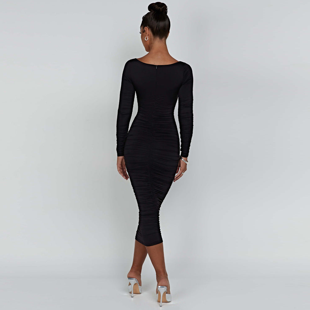 Elegant Evening Midi Dress: Black long-sleeved fashion langry for stylish ملابس