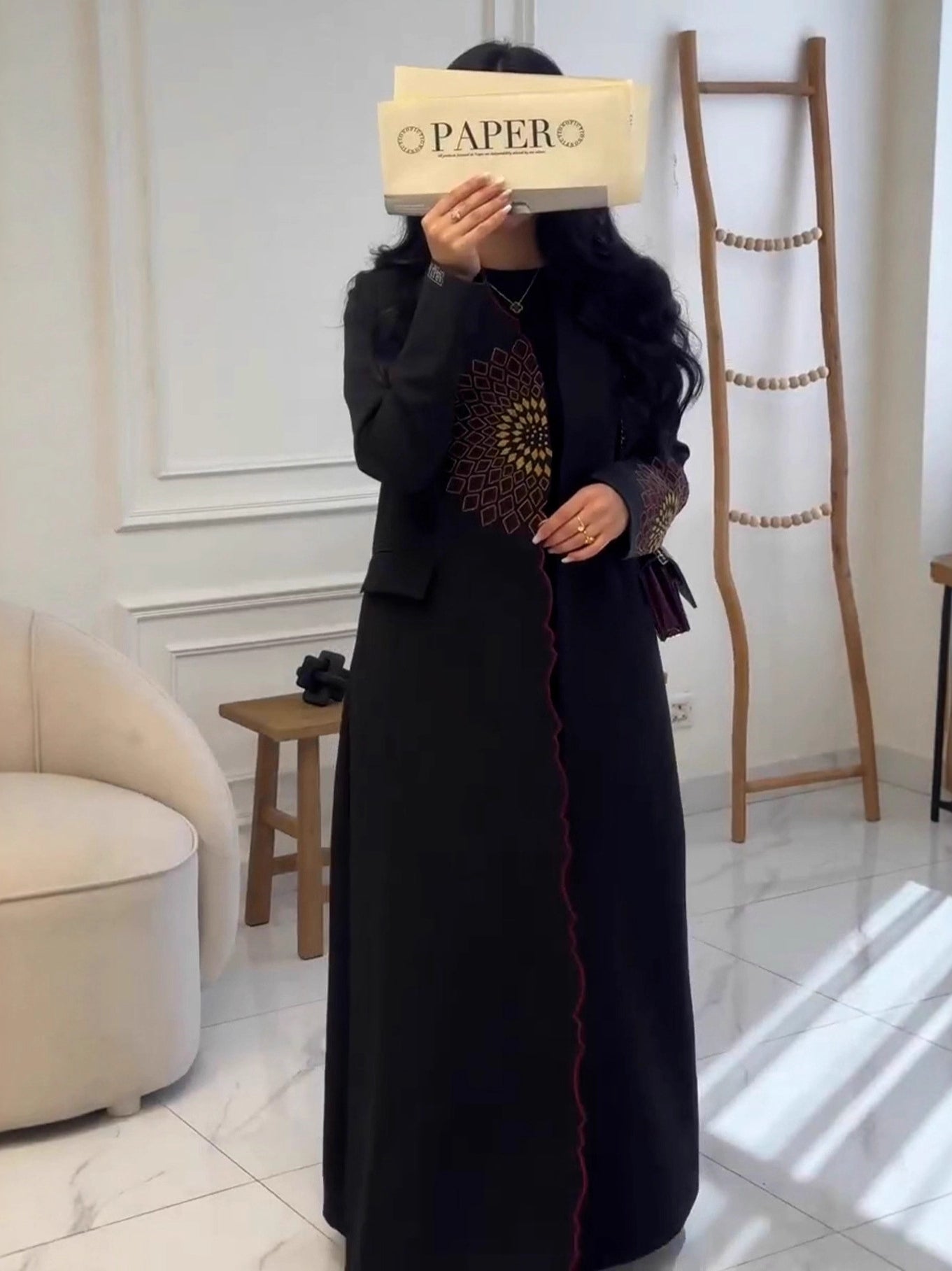 Black langry abaya with gold embroidery and red trim, loose fashion trench coat
