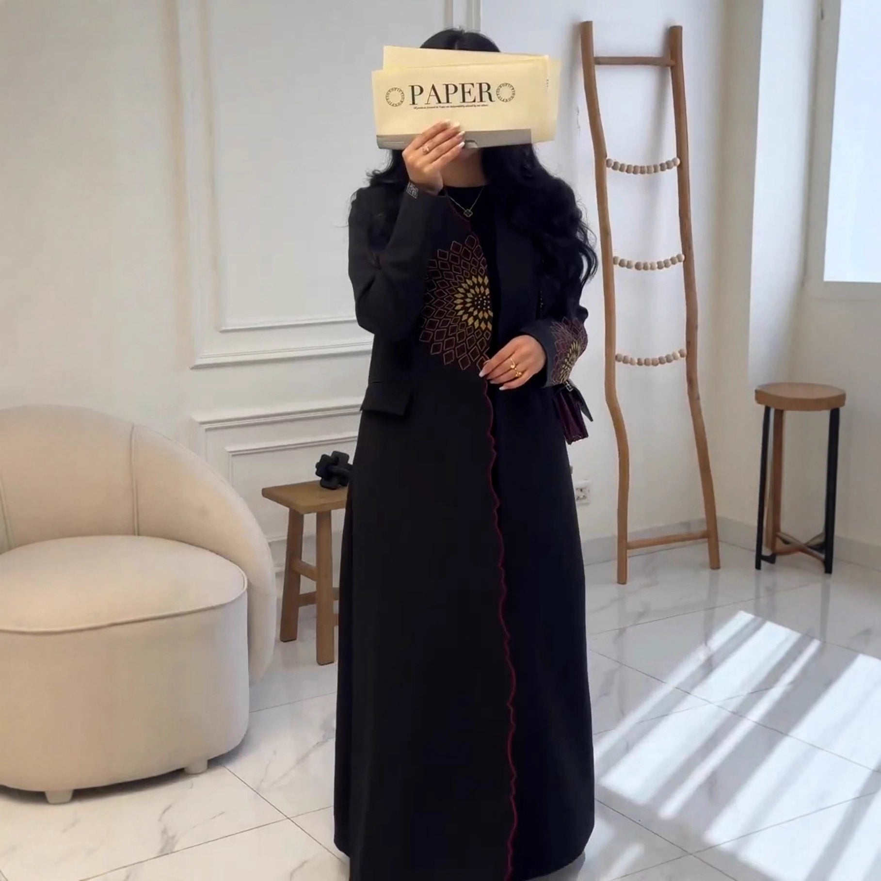 Black langry abaya with gold embroidery and red trim, loose fashion trench coat