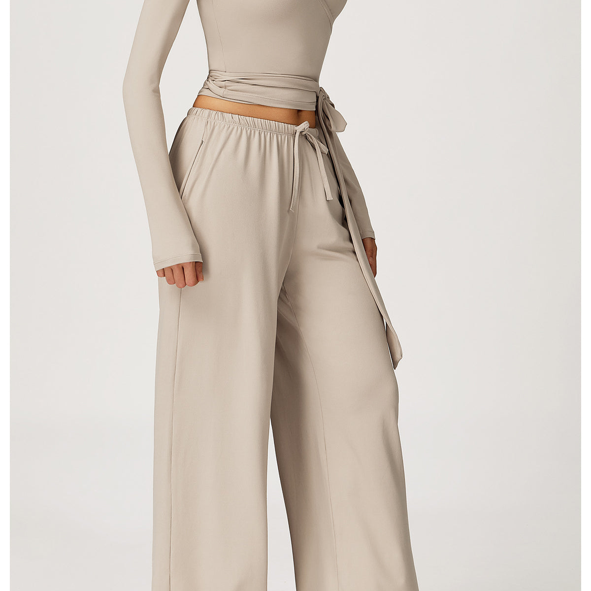 Beige wide-leg Langry fashion yoga pants with drawstring waist