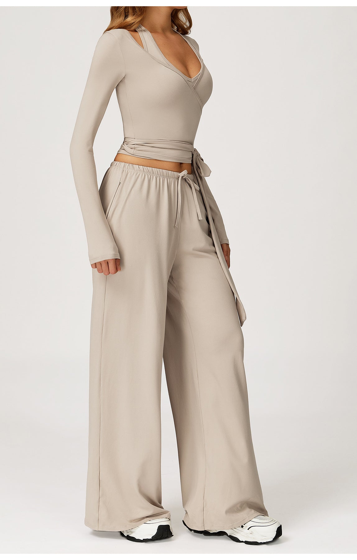 Beige wide-leg Langry fashion yoga pants with drawstring waist