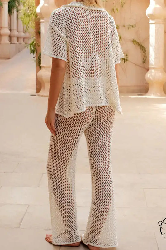 White crochet beach loose shirt and casual trousers pajama set