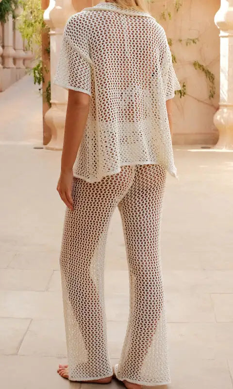 White crochet beach loose shirt and casual trousers pajama set