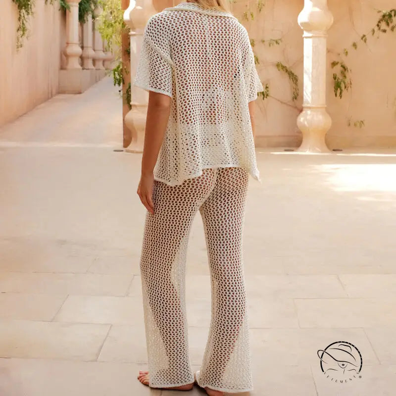 White crochet beach loose shirt and casual trousers pajama set