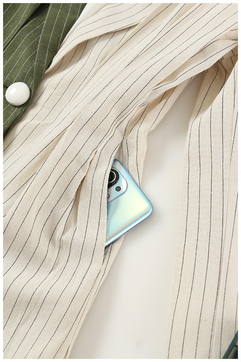 Elegant Colorful Blazer features a striped design with a phone in the pocket for fashion