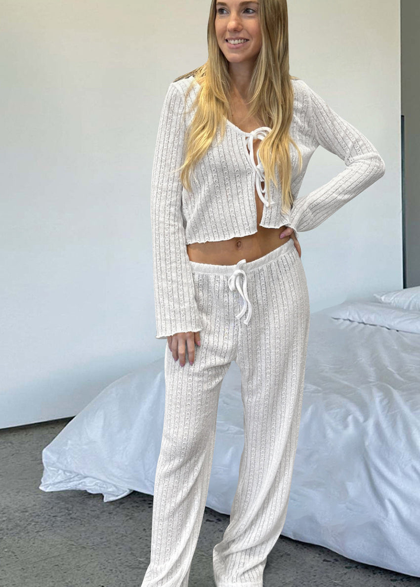 Langry white ribbed knit two-piece loungewear set with drawstring details