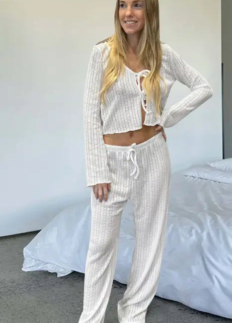 White ribbed knit Langry fashion loungewear set with drawstring details