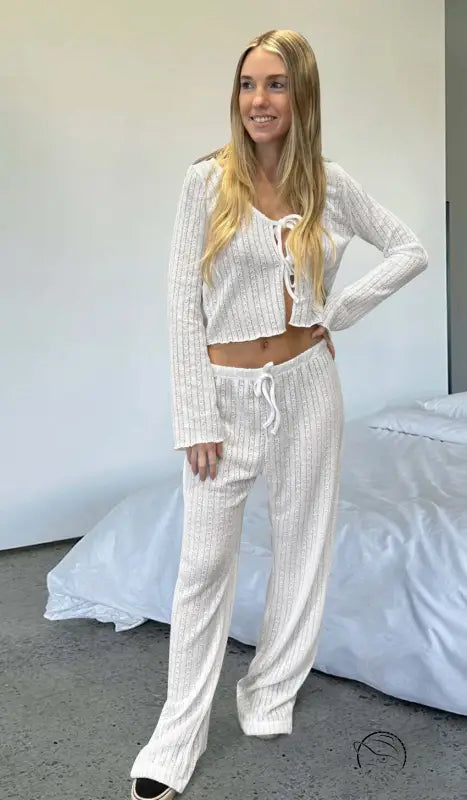 White ribbed knit Langry fashion loungewear set with drawstring details