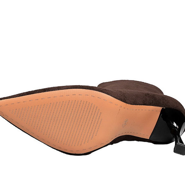 Elegant langry fashion brown suede ankle boot with pointed toe and black glossy heel