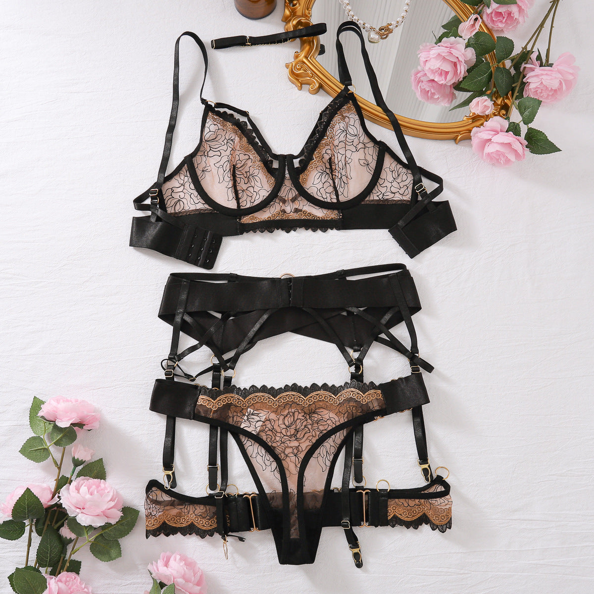 Complex Craft black lace lingerie set with embroidery and garters