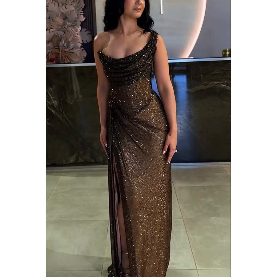 Elegant shimmering one-shoulder gown from Langry Fashion, perfect for casual gatherings and stylish ملابس