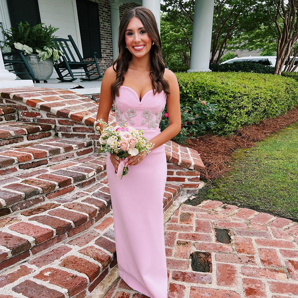Elegant Pink Tube Top Maxi Dress showcasing a stylish pink formal gown in fashion
