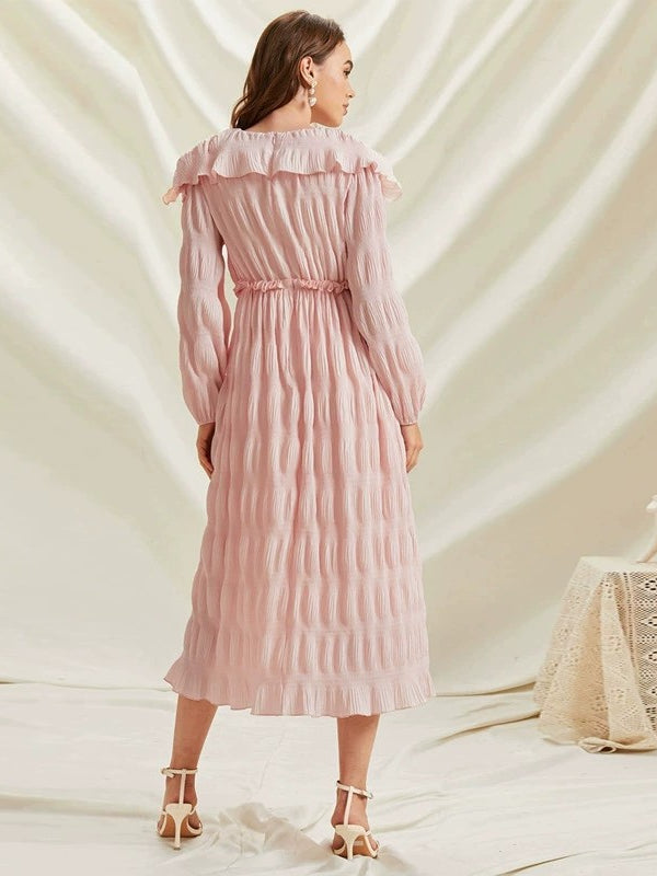 Pastel pink ruffled off-the-shoulder long sleeve fashion dress with lace collar