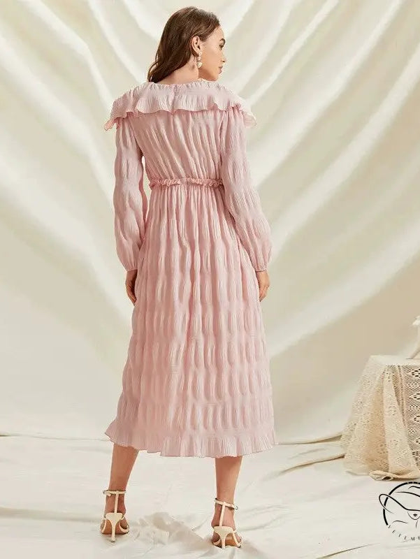 Pastel pink long sleeve fashion dress with ruffled off-shoulder and lace collar