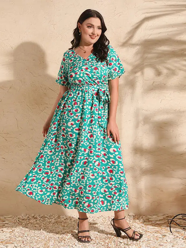 Green floral print colorful rose holiday dress with V-neck short sleeves