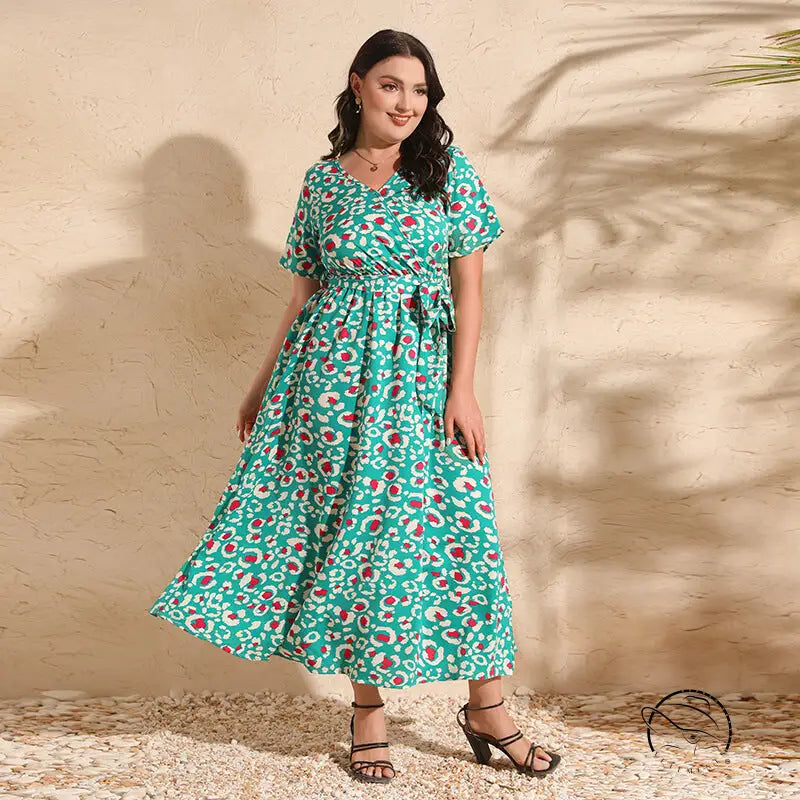 Green floral print colorful rose holiday dress with V-neck short sleeves