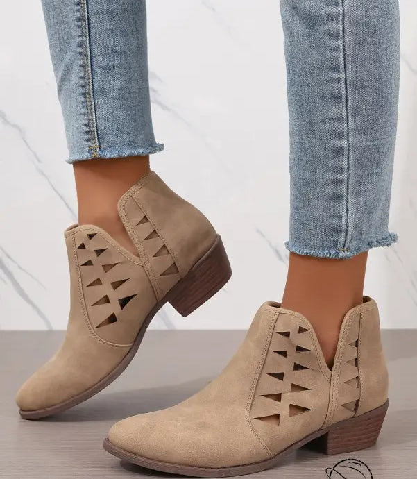 Beige suede daily ankle boots with triangular side cutouts