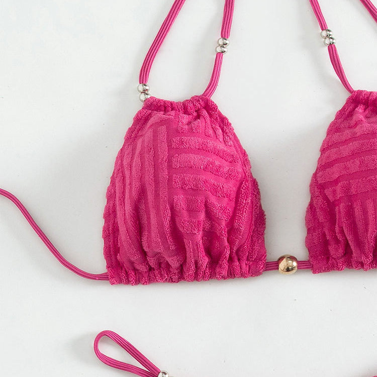 Fuchsia textured beach beauty bikini with solid color backless high waist design