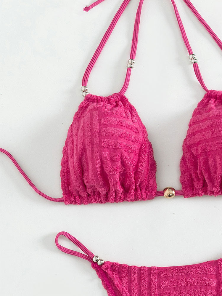 Fuchsia textured beach beauty bikini with solid color backless high waist design