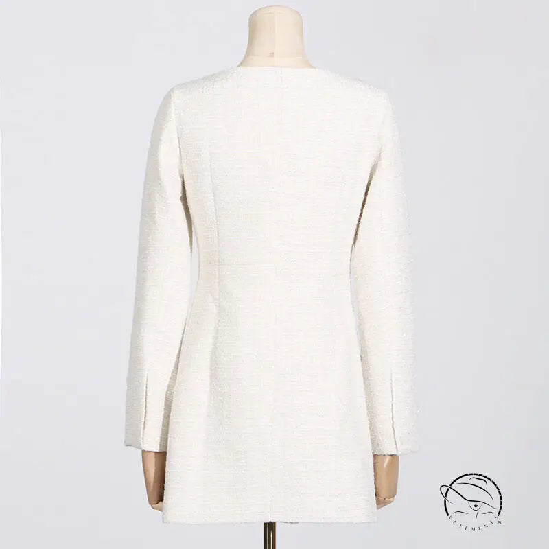 White tweed off-shoulder blazer dress with waist pockets in langry fashion