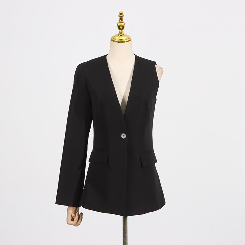 Black one-sleeve blazer in Gorgeous Wide Leg Pants Two Piece Sets for stylish fashion ملابس