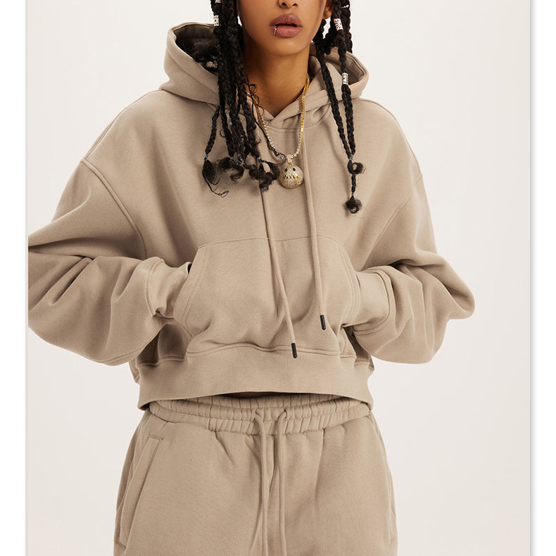 Beige Winter Retro Hooded Pullover sweatsuit with drawstring, perfect for langry fashion