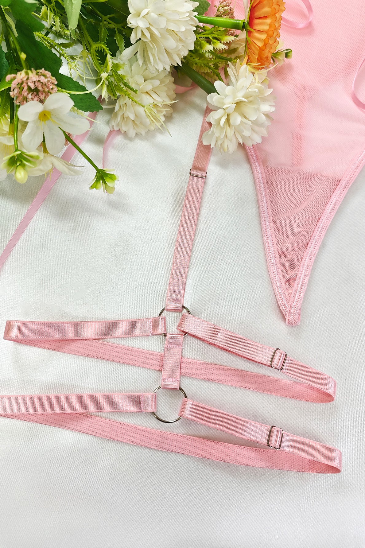 Pink embroidery beauty back lingerie harness with adjustable nylon straps