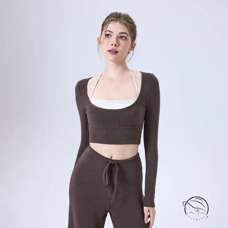 Brown ribbed langry yoga crop top with white bralette straps