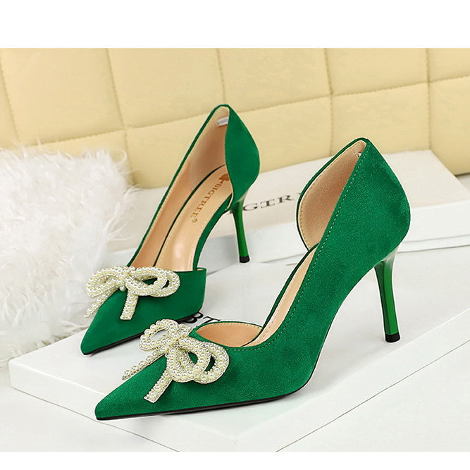 Cute Rhinestone Pearl Bow High Heels