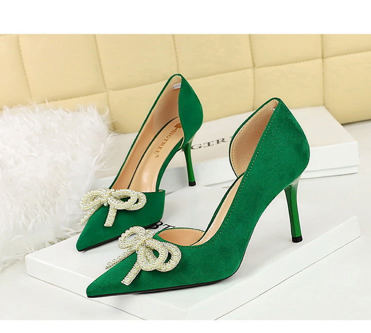 Cute Rhinestone Pearl Bow High Heels