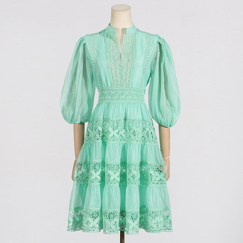 Elegant mint green puff sleeve short dress with lace embroidery and tiered skirt by Langry