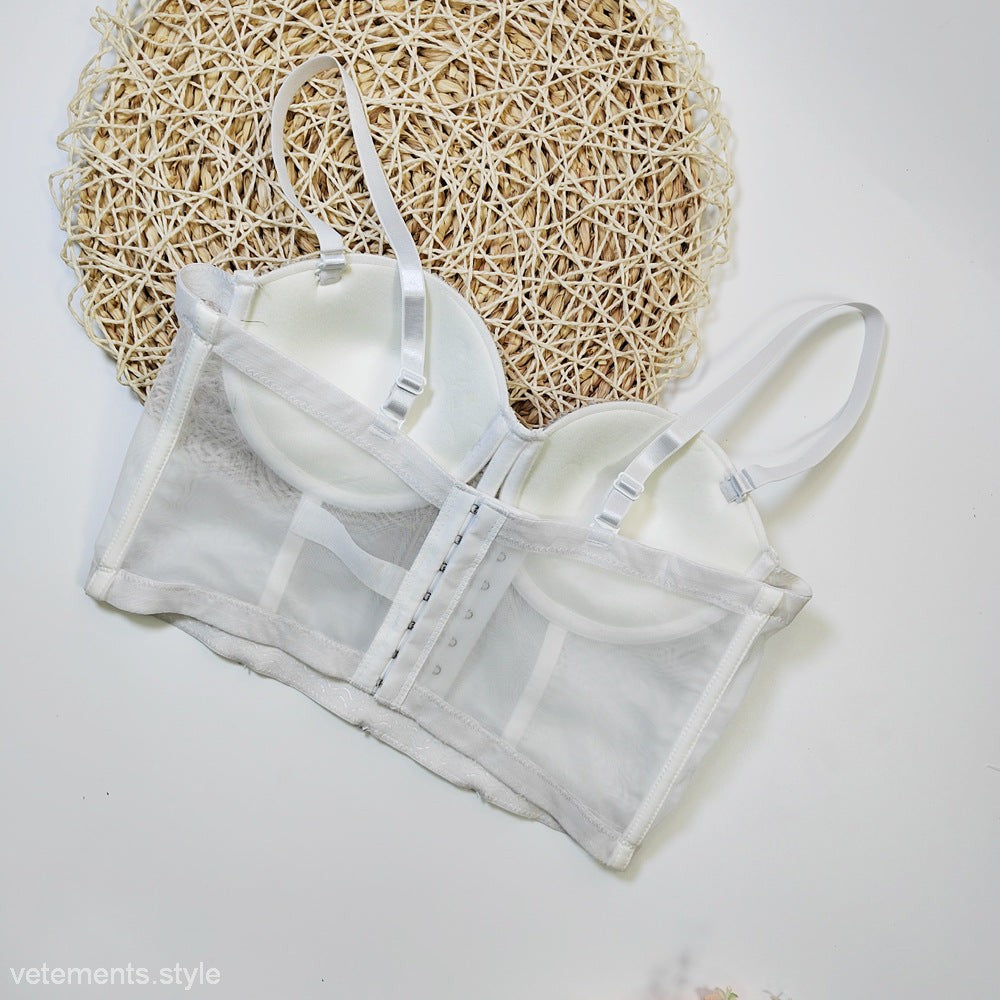 White mesh bustier top with adjustable straps in CRYSTAL CORSET OUTER WEAR design
